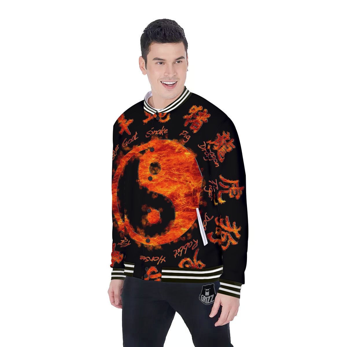 Chinese Zodiac Fire Yin Yang Print Baseball Jacket-grizzshop