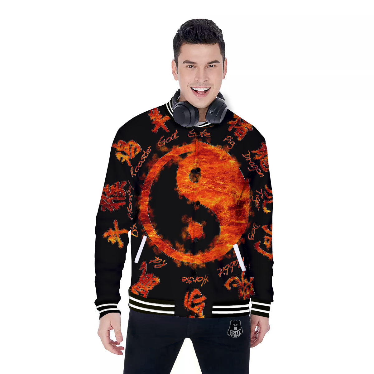 Chinese Zodiac Fire Yin Yang Print Baseball Jacket-grizzshop