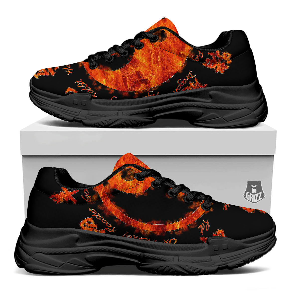 Chinese Zodiac Fire Yin Yang Print Black Chunky Shoes-grizzshop