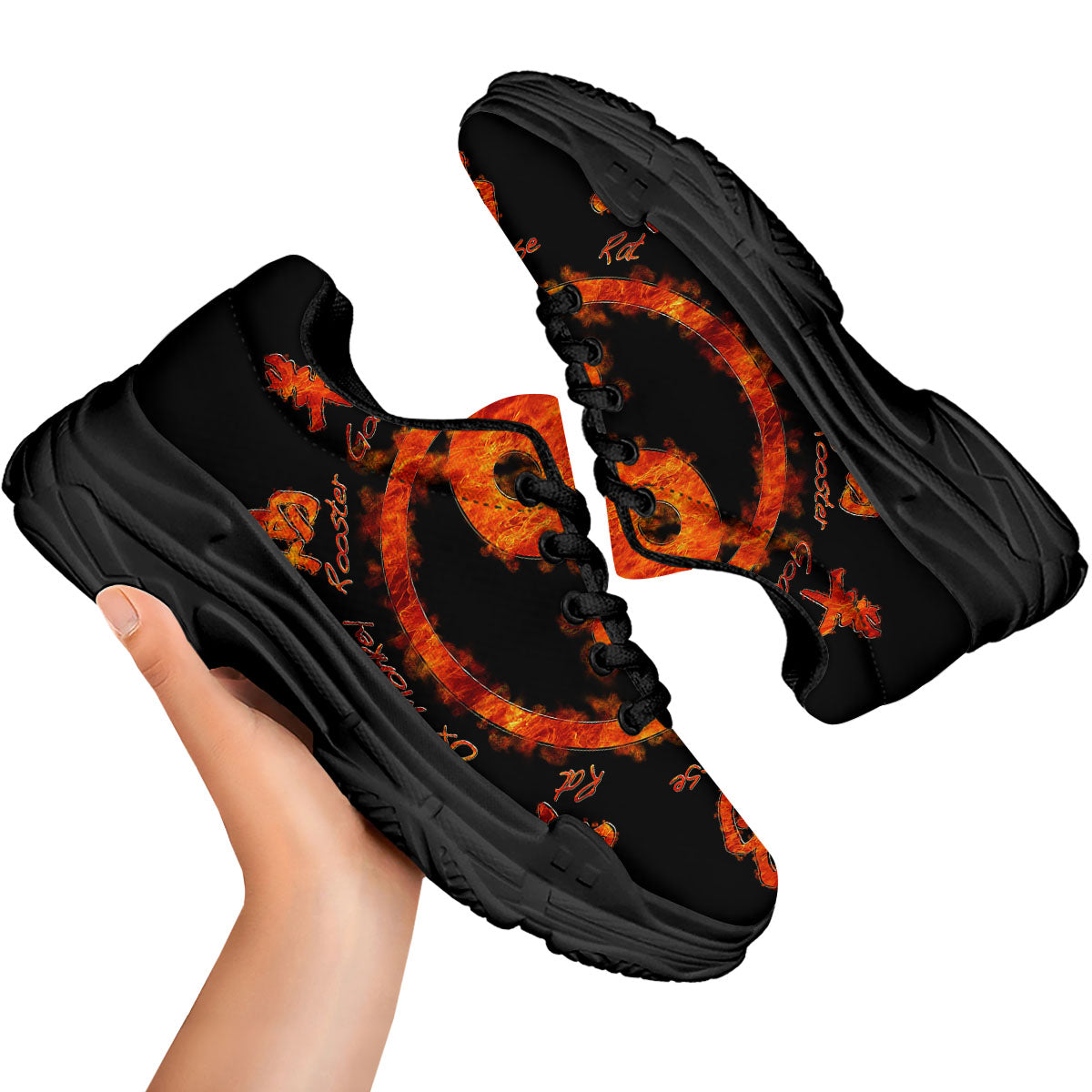 Chinese Zodiac Fire Yin Yang Print Black Chunky Shoes-grizzshop