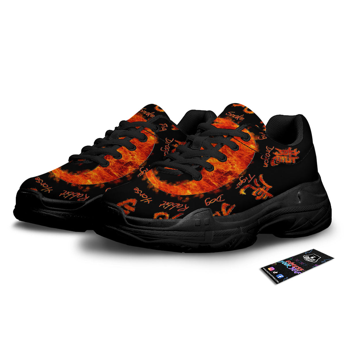Chinese Zodiac Fire Yin Yang Print Black Chunky Shoes-grizzshop