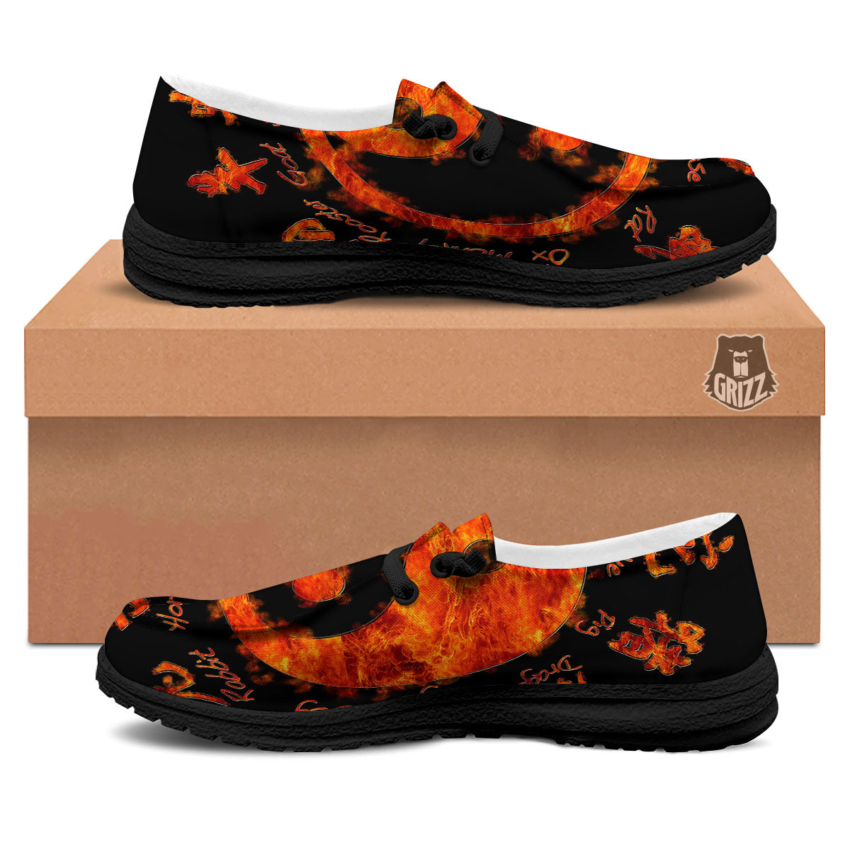Chinese Zodiac Fire Yin Yang Print Black Loafers-grizzshop
