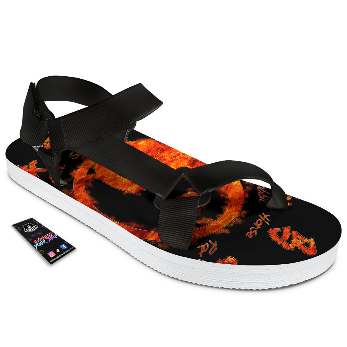 Chinese Zodiac Fire Yin Yang Print Black Open Toe Sandals-grizzshop