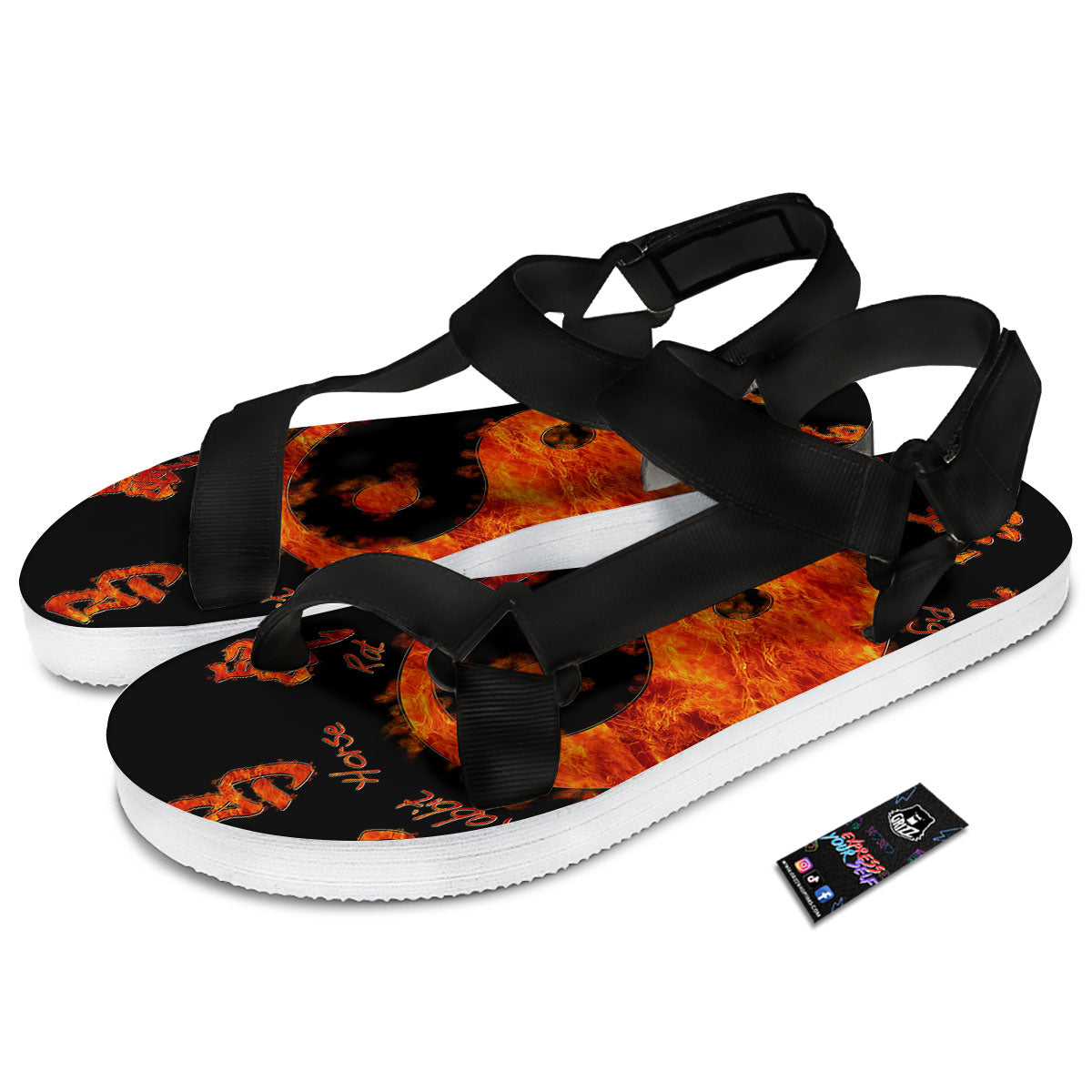Chinese Zodiac Fire Yin Yang Print Black Open Toe Sandals-grizzshop