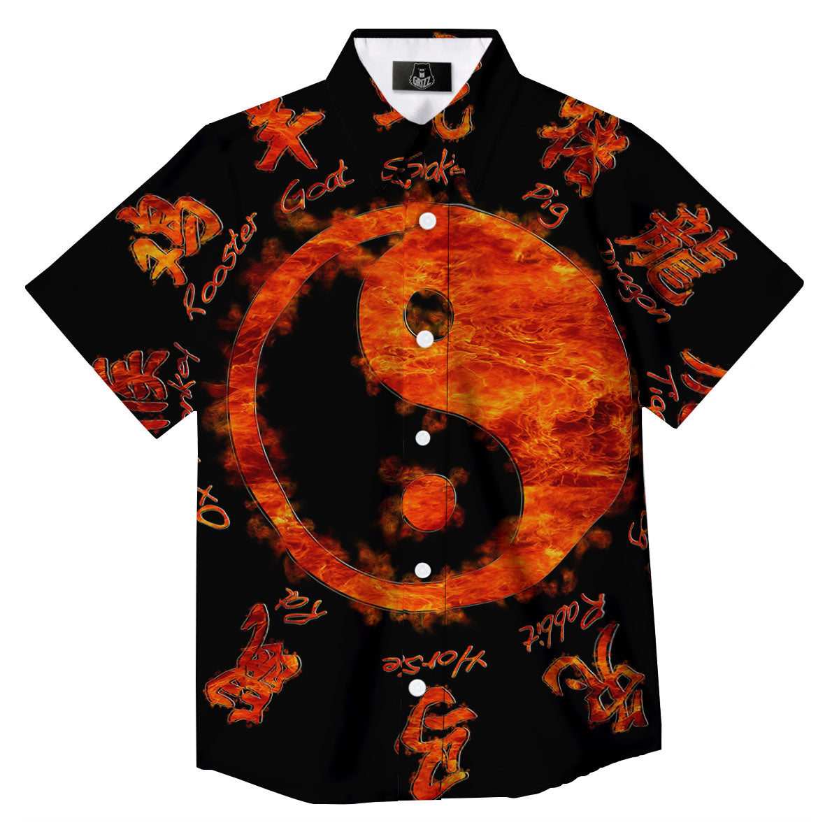 Chinese Zodiac Fire Yin Yang Print Button Up Shirt-grizzshop