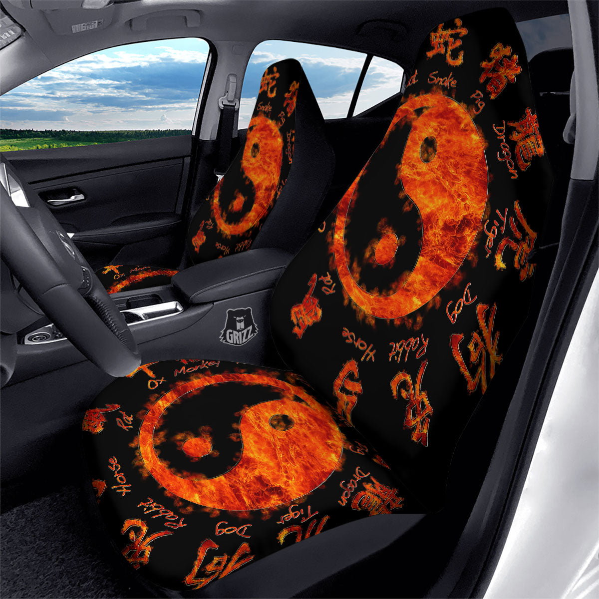 Chinese Zodiac Fire Yin Yang Print Car Seat Covers-grizzshop
