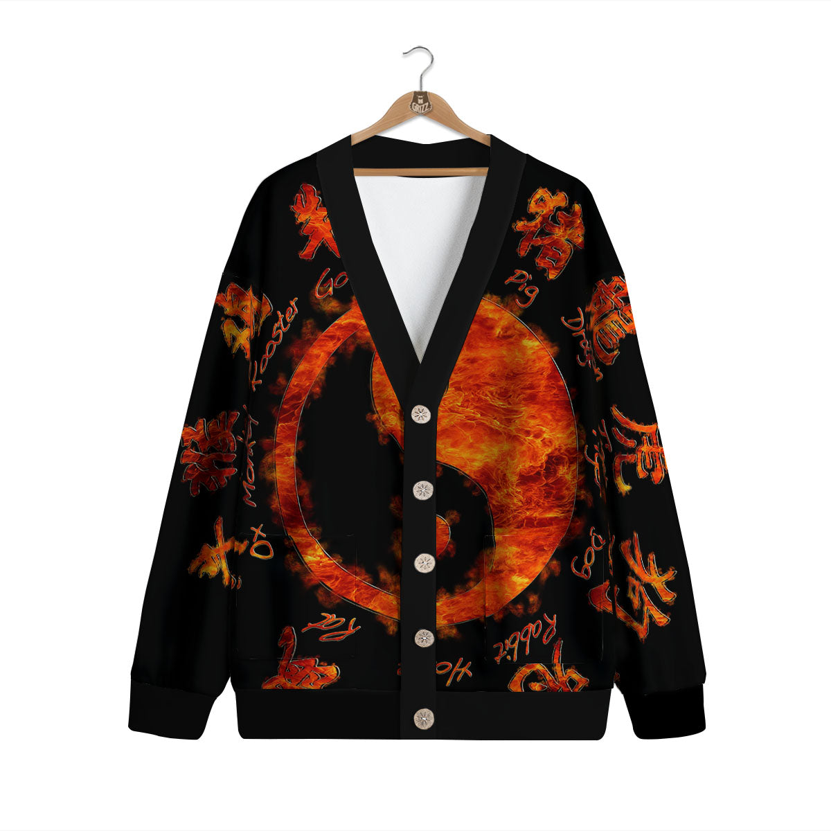 Chinese Zodiac Fire Yin Yang Print Cardigan-grizzshop