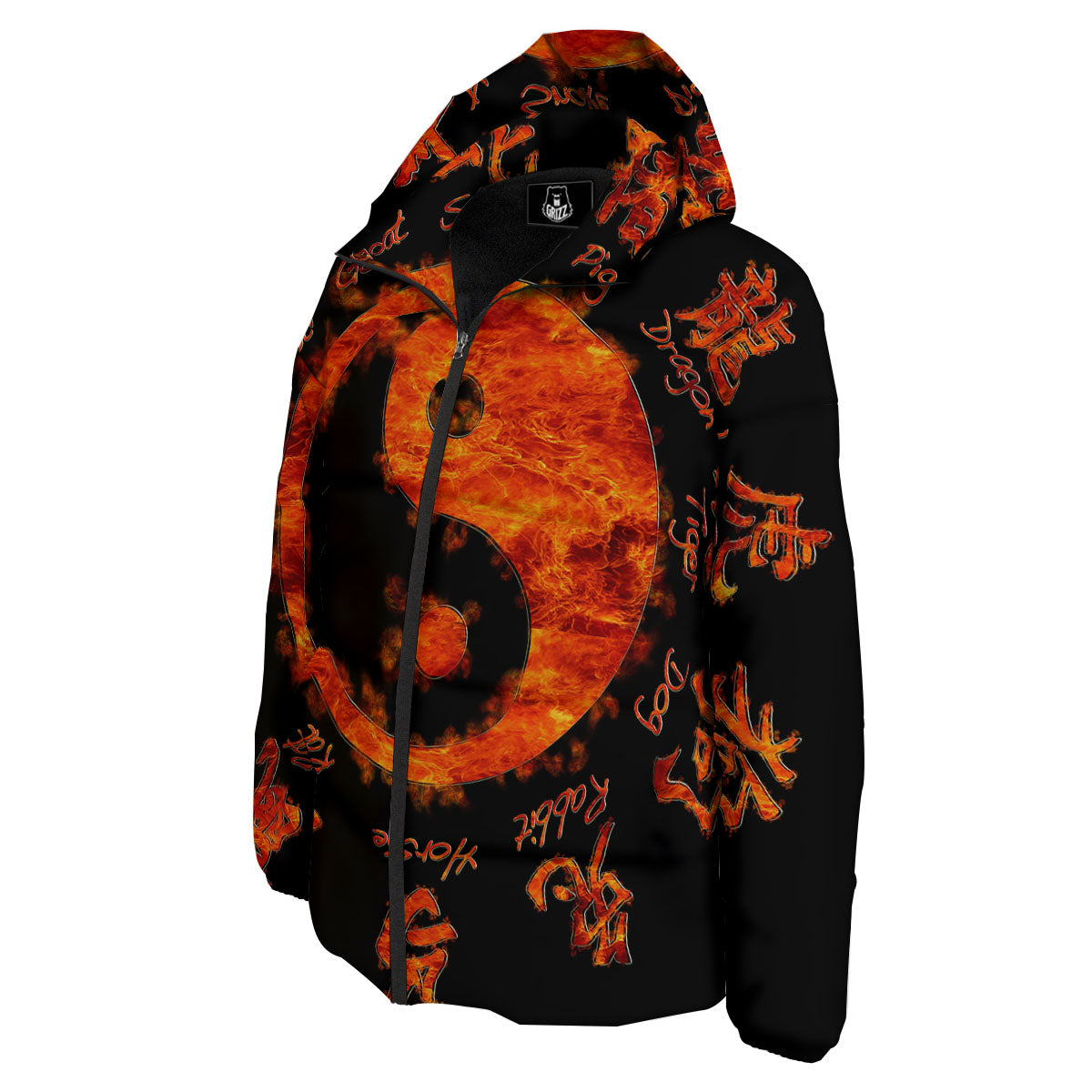 Chinese Zodiac Fire Yin Yang Print Down Jacket-grizzshop