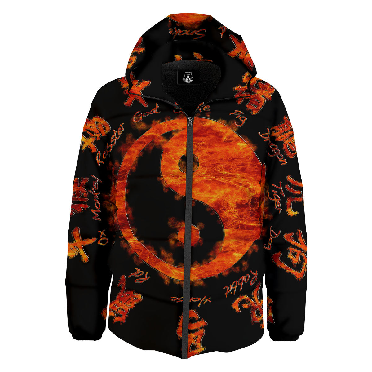 Chinese Zodiac Fire Yin Yang Print Down Jacket-grizzshop