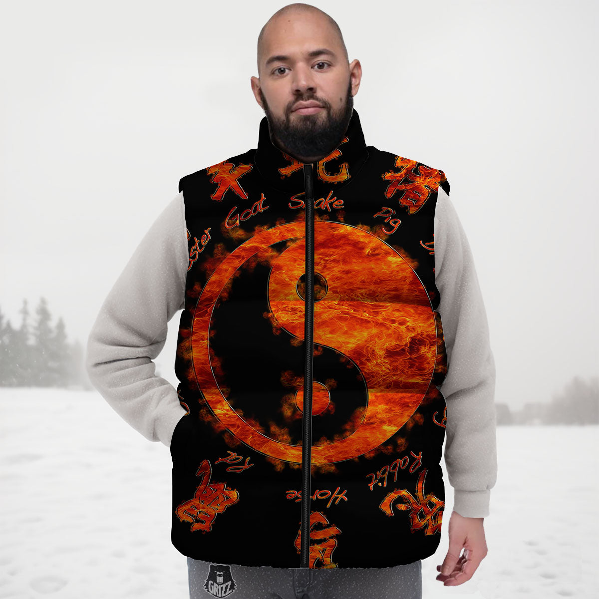 Chinese Zodiac Fire Yin Yang Print Down Vest