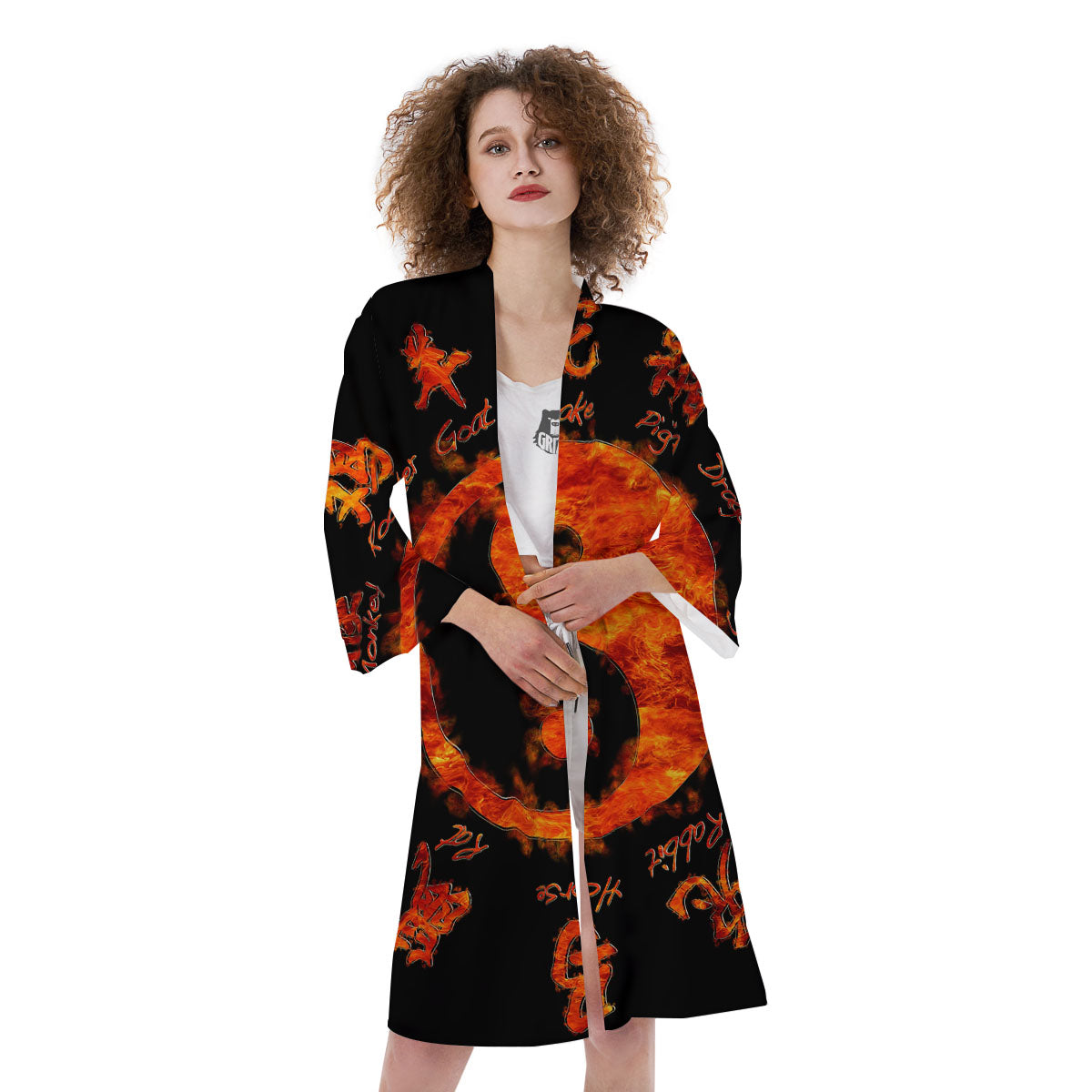 Chinese Zodiac Fire Yin Yang Print Kimono-grizzshop