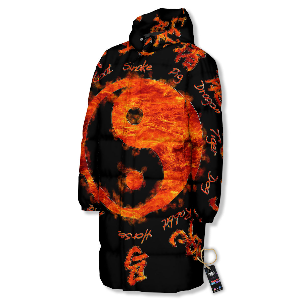 Chinese Zodiac Fire Yin Yang Print Long Down Jacket-grizzshop