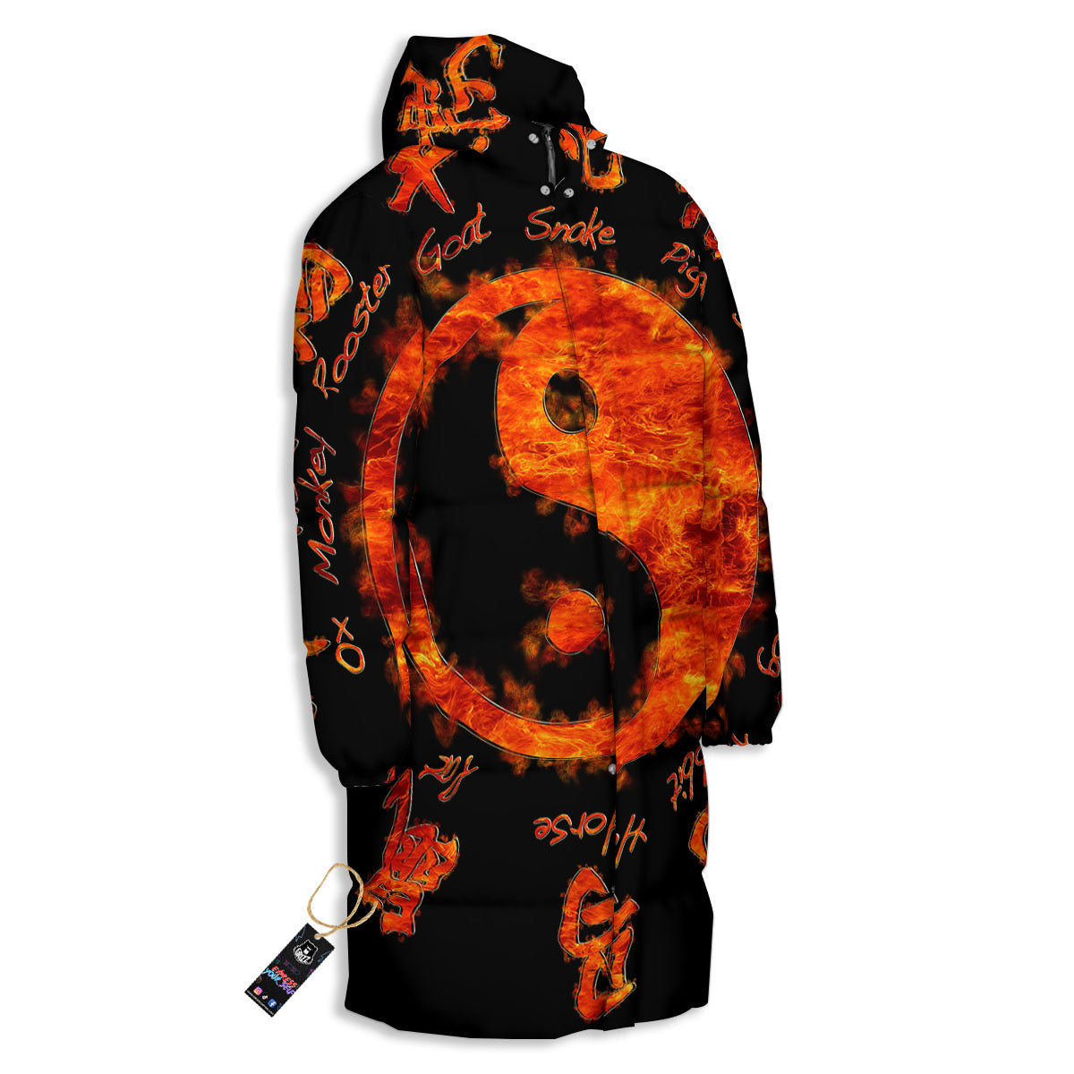 Chinese Zodiac Fire Yin Yang Print Long Down Jacket-grizzshop