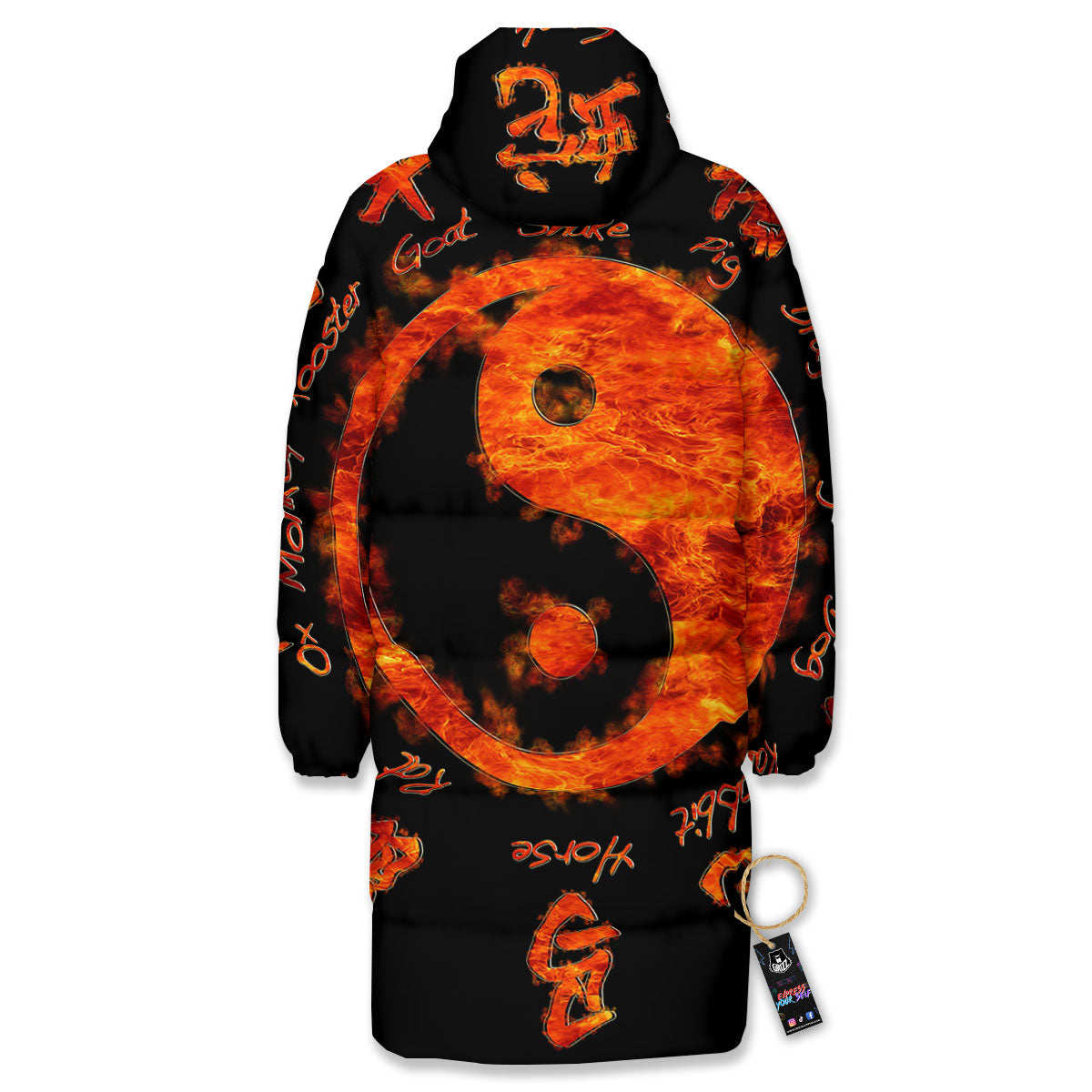 Chinese Zodiac Fire Yin Yang Print Long Down Jacket-grizzshop