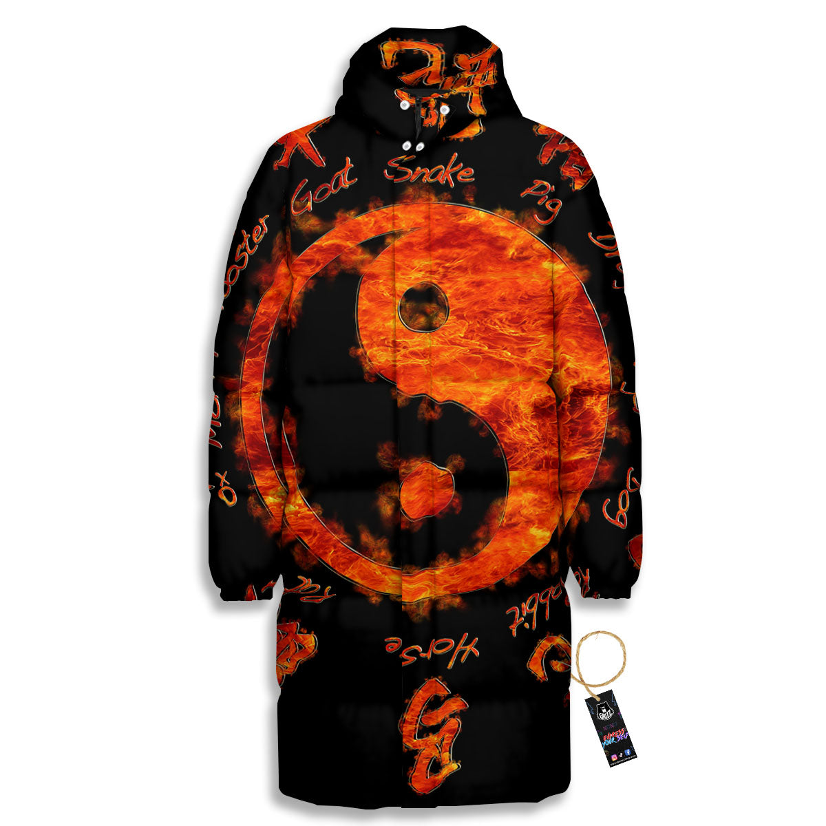 Chinese Zodiac Fire Yin Yang Print Long Down Jacket-grizzshop