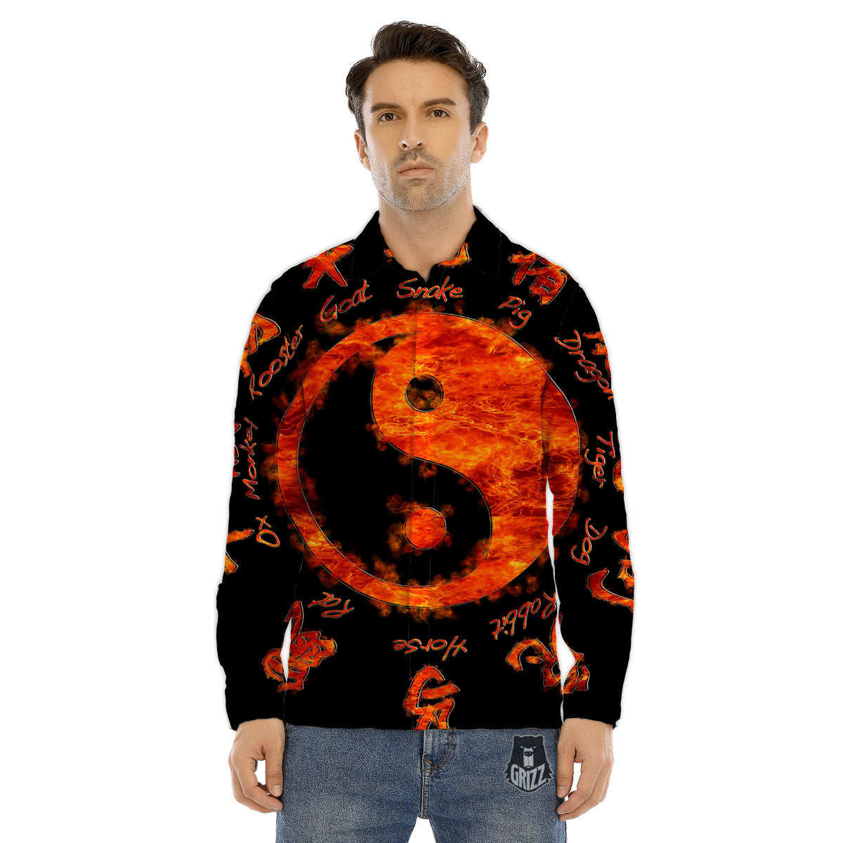 Chinese Zodiac Fire Yin Yang Print Men's Dress Shirts-grizzshop