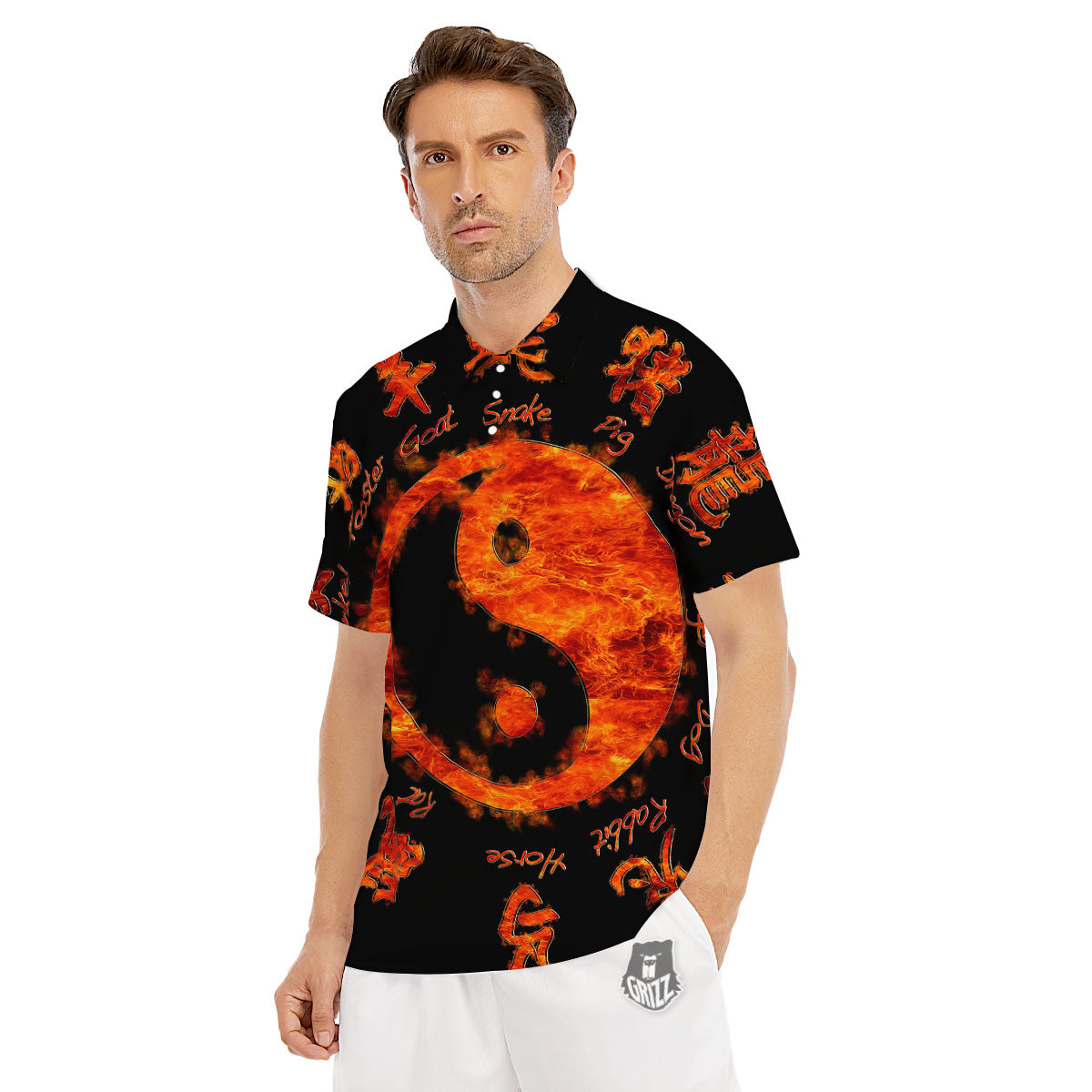 Chinese Zodiac Fire Yin Yang Print Men's Golf Shirts-grizzshop