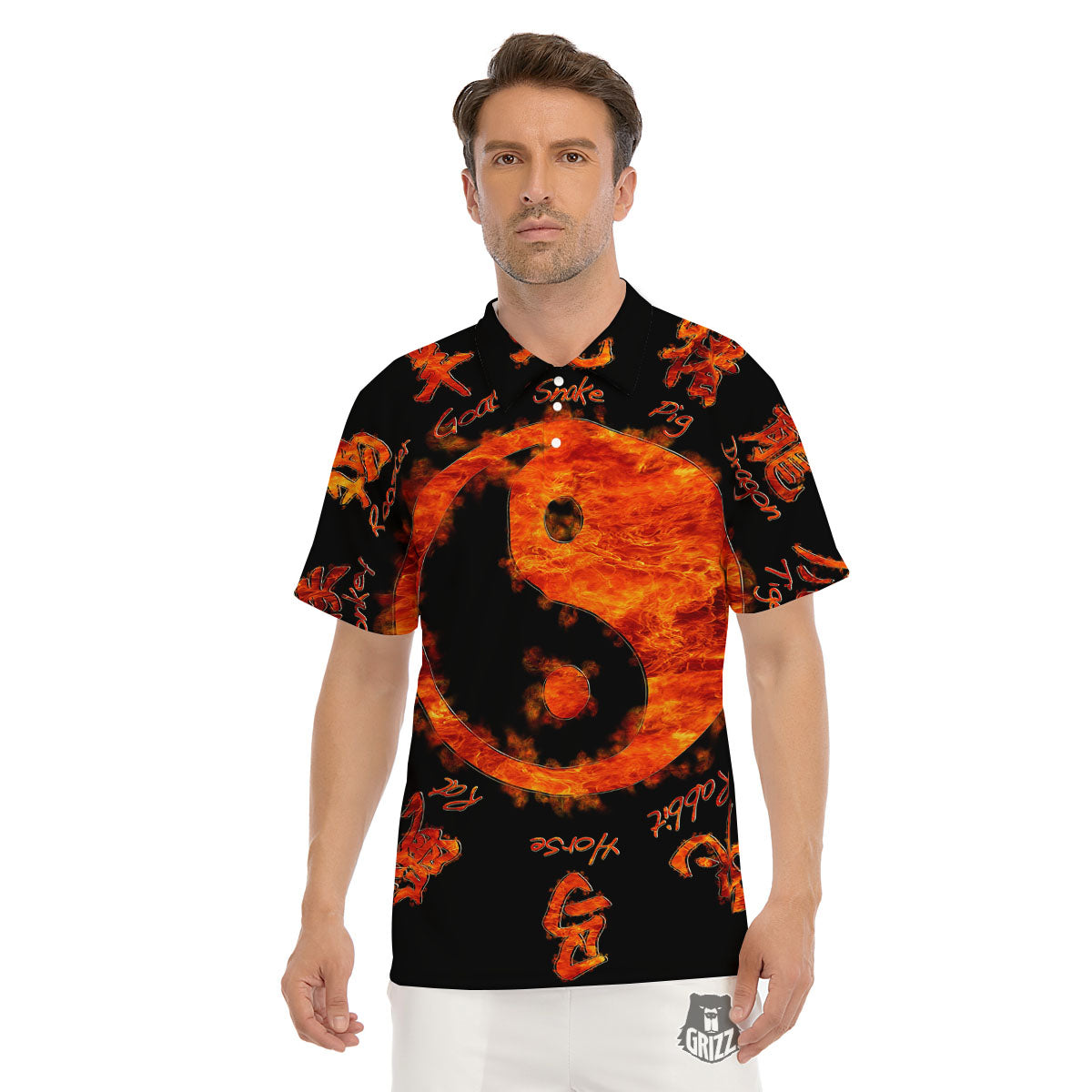 Chinese Zodiac Fire Yin Yang Print Men's Golf Shirts-grizzshop