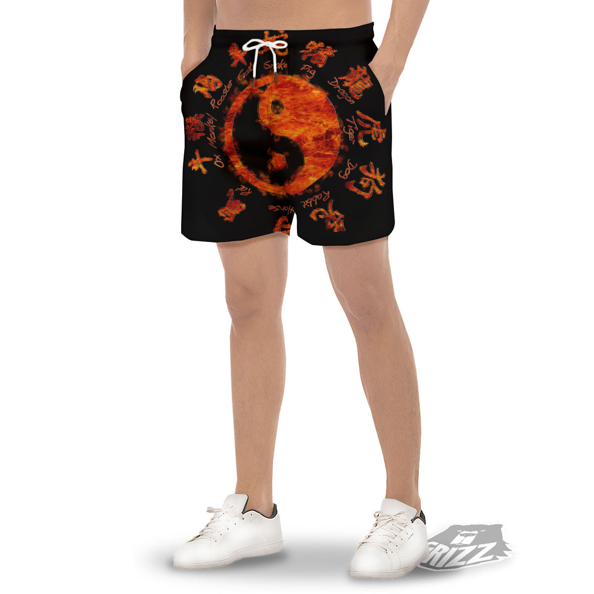 Chinese Zodiac Fire Yin Yang Print Men's Gym Shorts-grizzshop