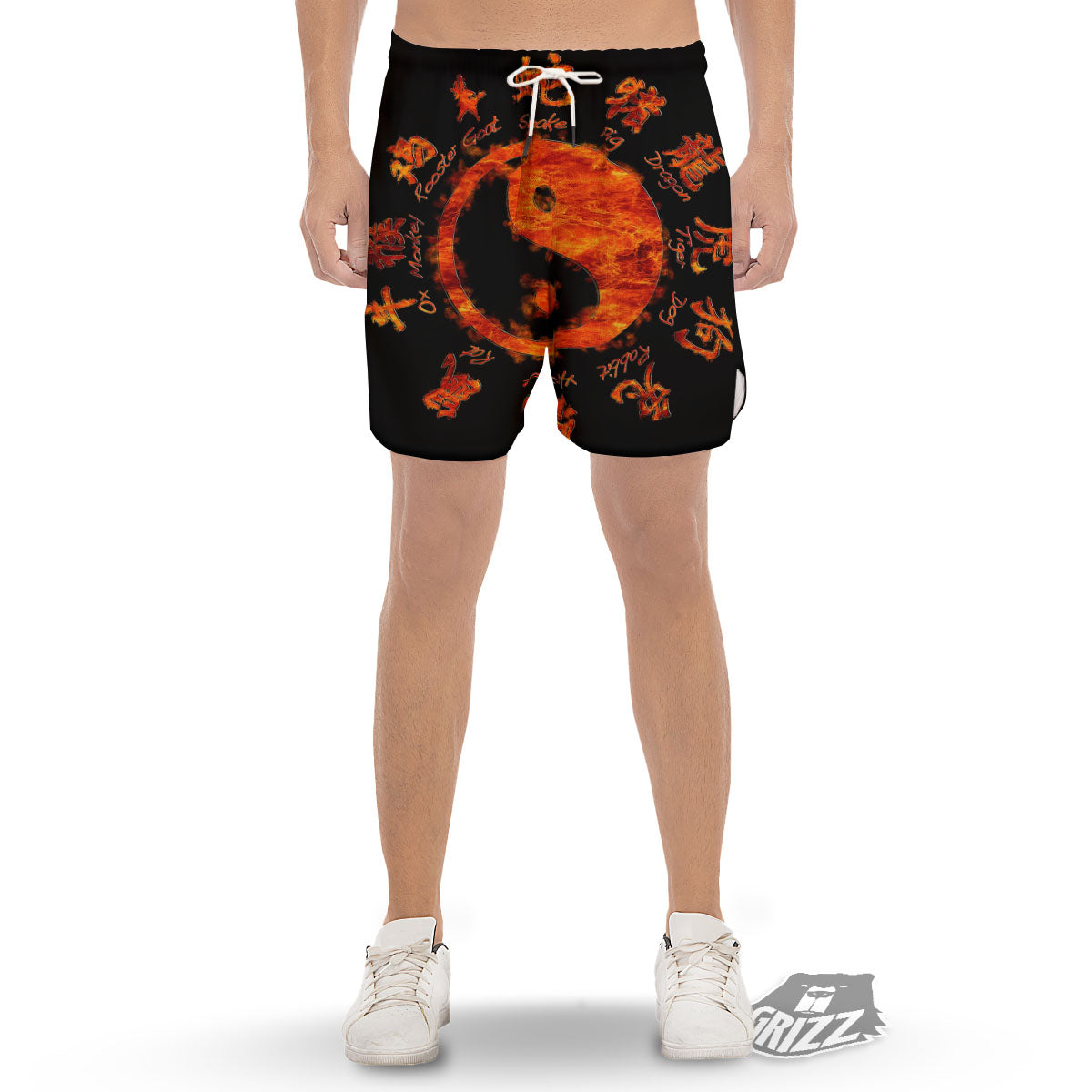 Chinese Zodiac Fire Yin Yang Print Men's Gym Shorts-grizzshop