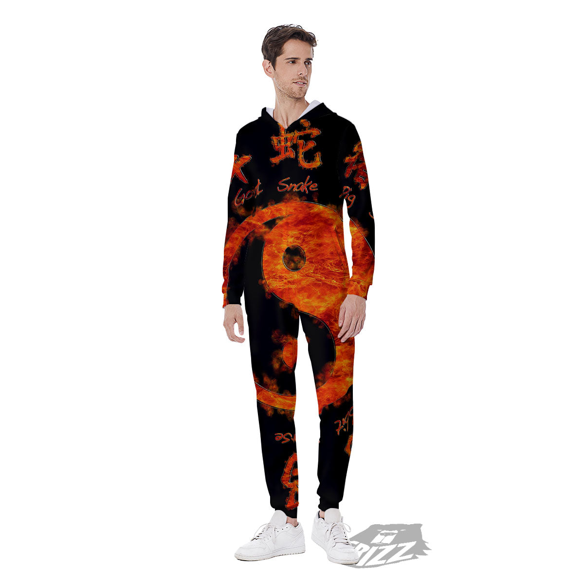 Chinese Zodiac Fire Yin Yang Print Men's Jumpsuit-grizzshop