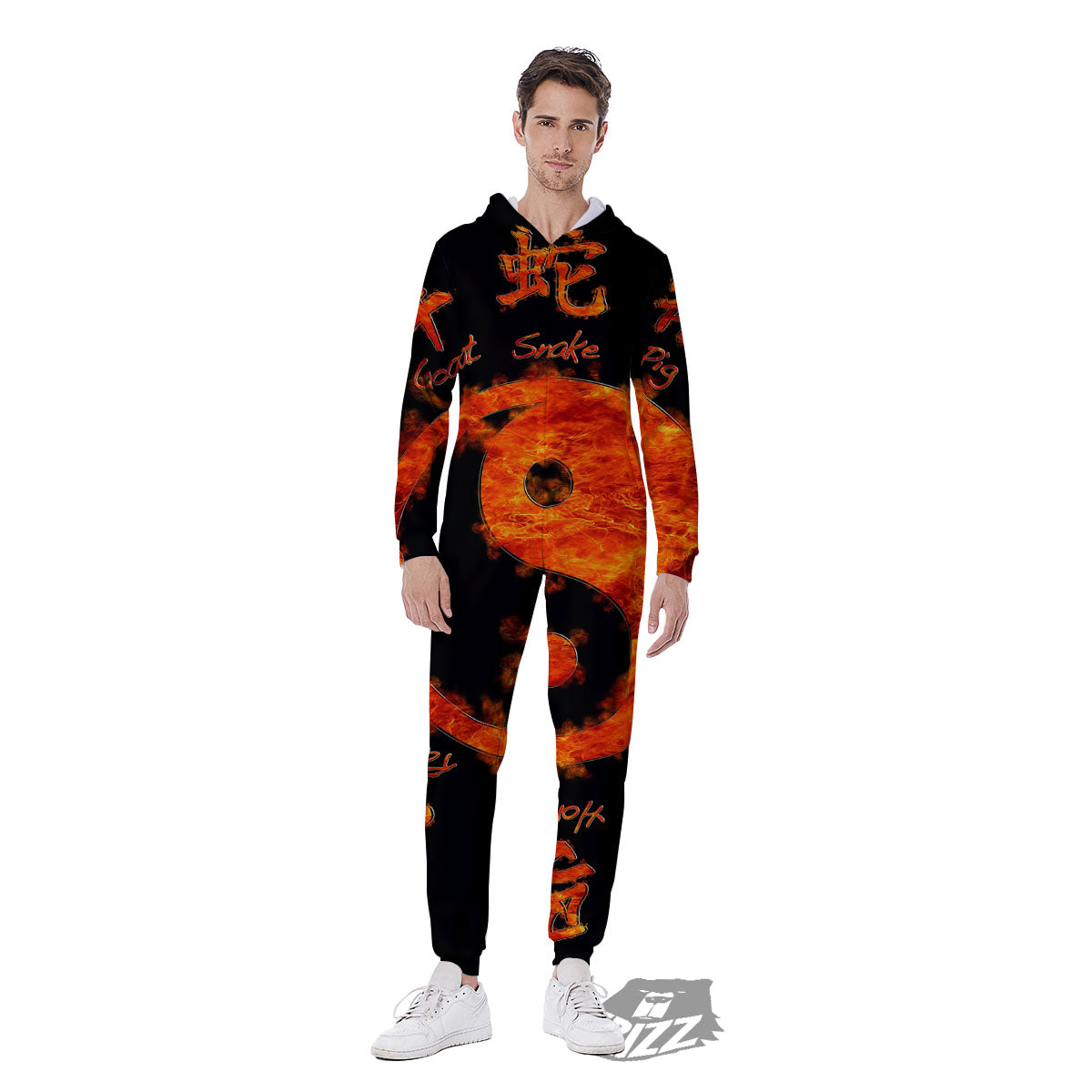 Chinese Zodiac Fire Yin Yang Print Men's Jumpsuit-grizzshop