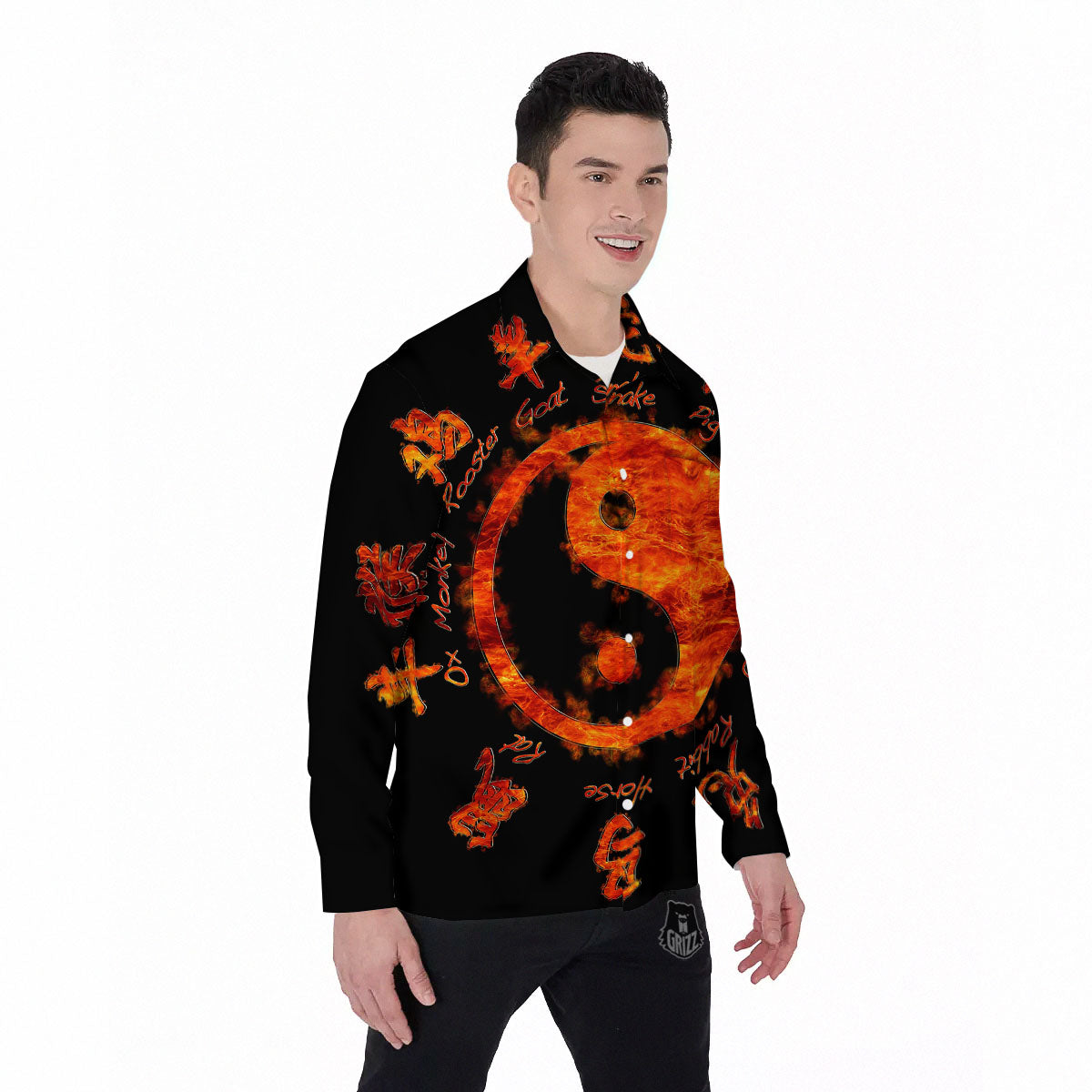 Chinese Zodiac Fire Yin Yang Print Men's Long Sleeve Shirts-grizzshop