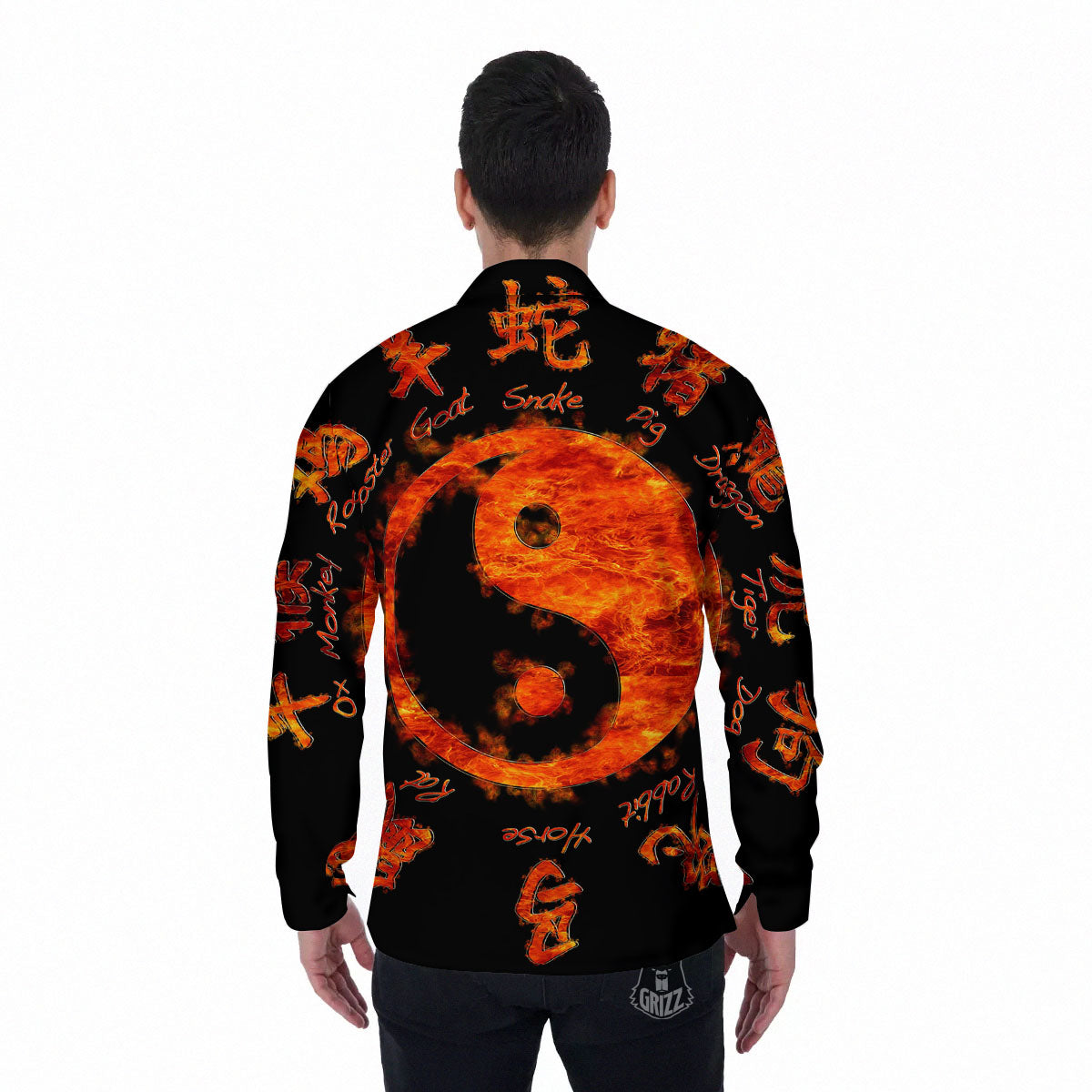 Chinese Zodiac Fire Yin Yang Print Men's Long Sleeve Shirts-grizzshop