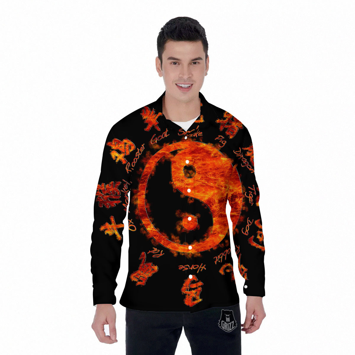Chinese Zodiac Fire Yin Yang Print Men's Long Sleeve Shirts-grizzshop