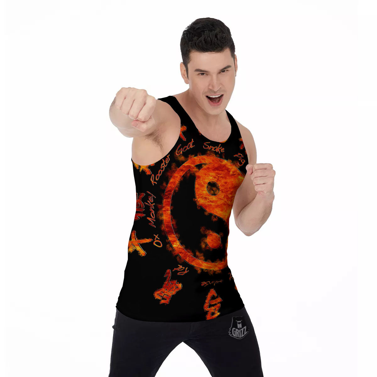 Chinese Zodiac Fire Yin Yang Print Men's Tank Top-grizzshop