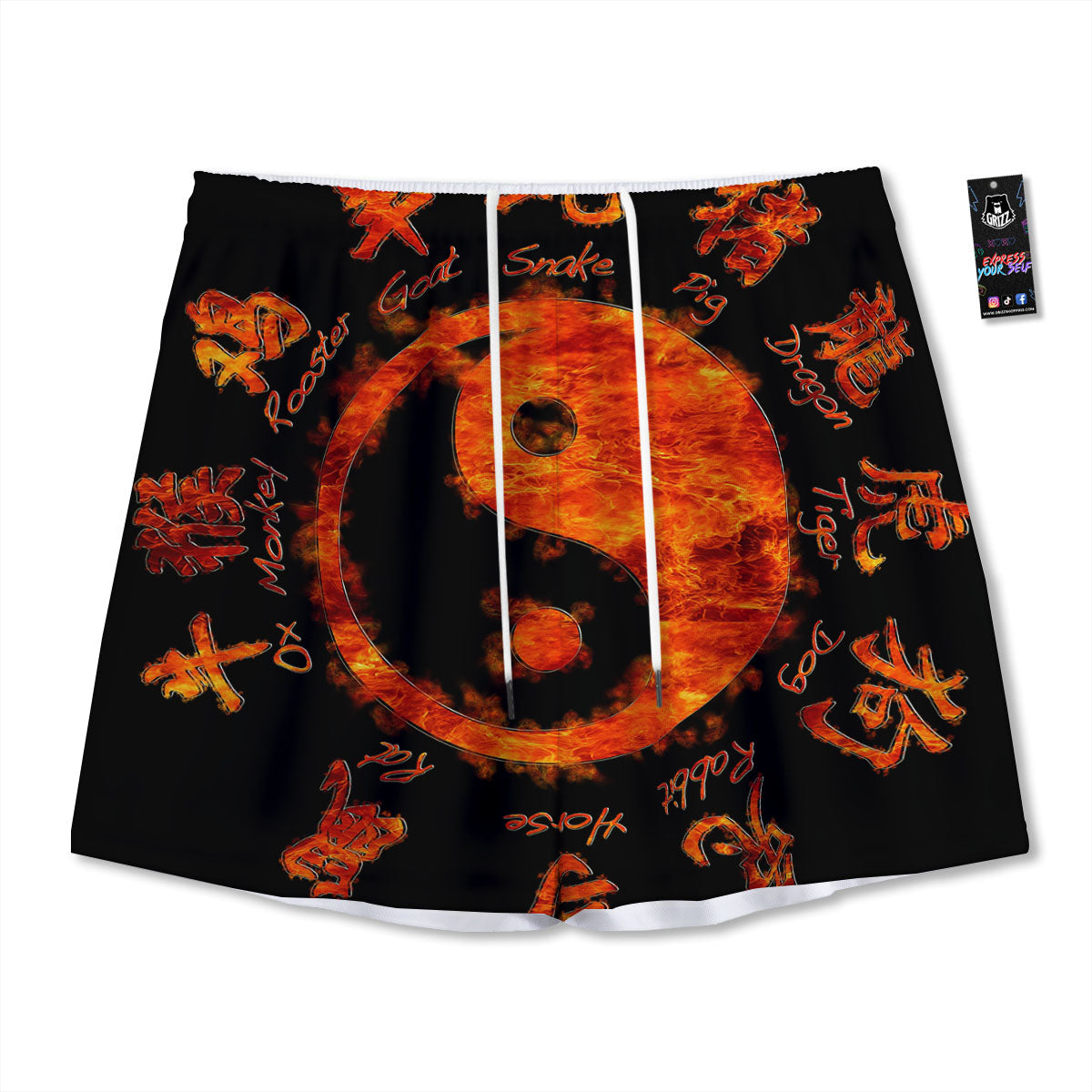 Chinese Zodiac Fire Yin Yang Print Mesh Shorts