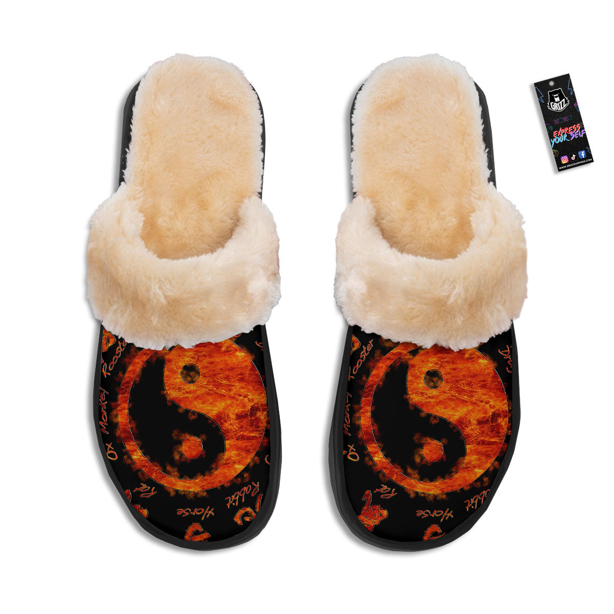 Chinese Zodiac Fire Yin Yang Print Slippers-grizzshop