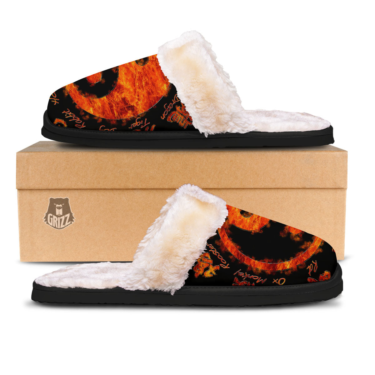 Chinese Zodiac Fire Yin Yang Print Slippers-grizzshop