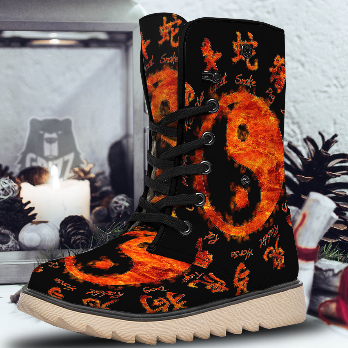 Chinese Zodiac Fire Yin Yang Print Snow Boots-grizzshop