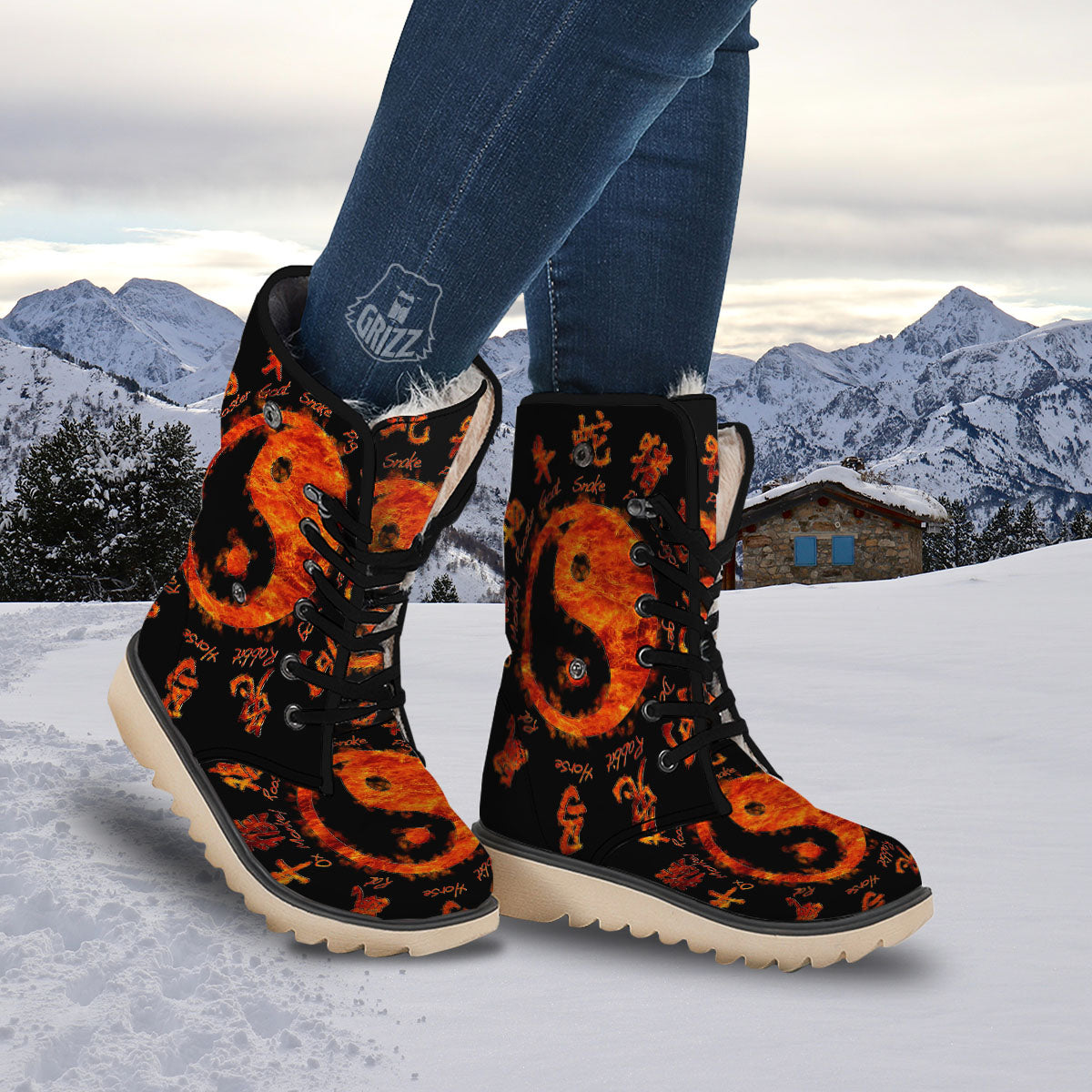 Chinese Zodiac Fire Yin Yang Print Snow Boots-grizzshop