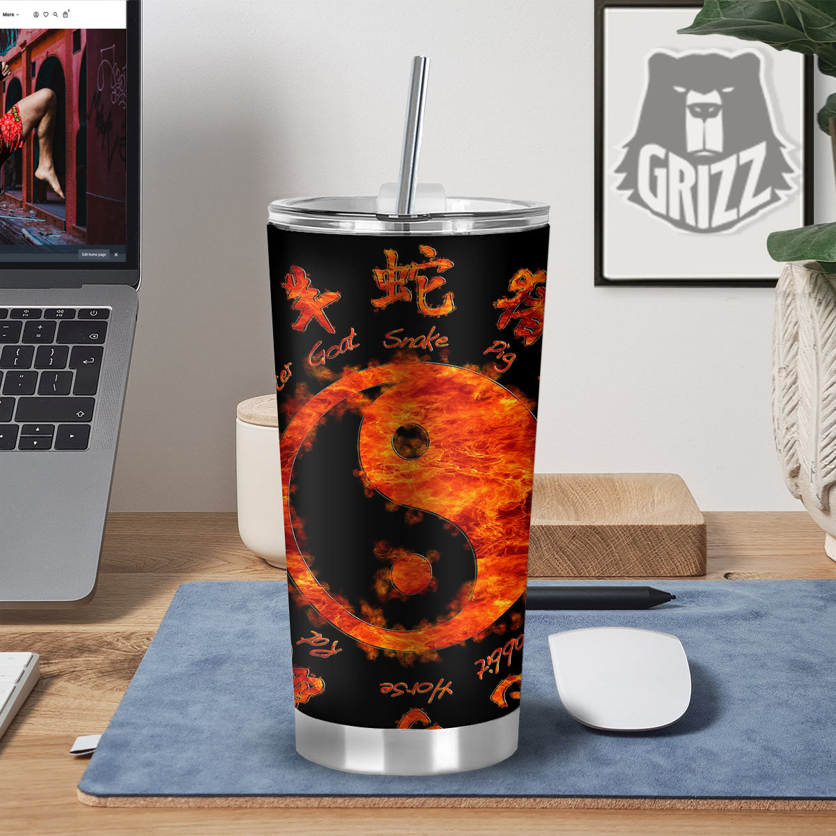 Chinese Zodiac Fire Yin Yang Print Tumbler-grizzshop
