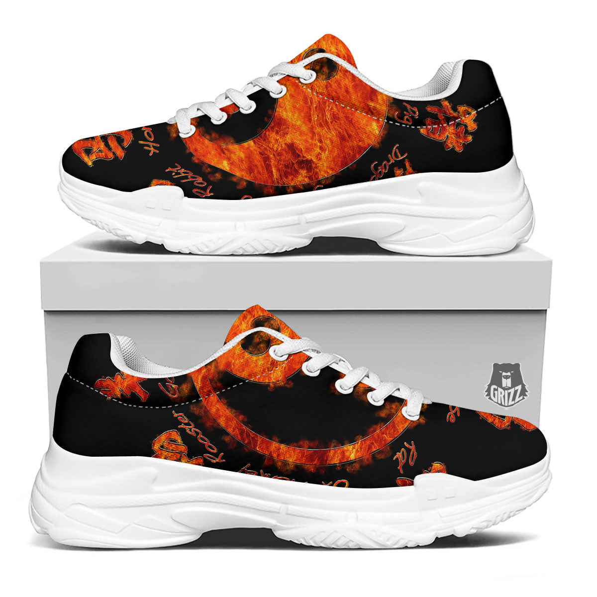 Chinese Zodiac Fire Yin Yang Print White Chunky Shoes-grizzshop