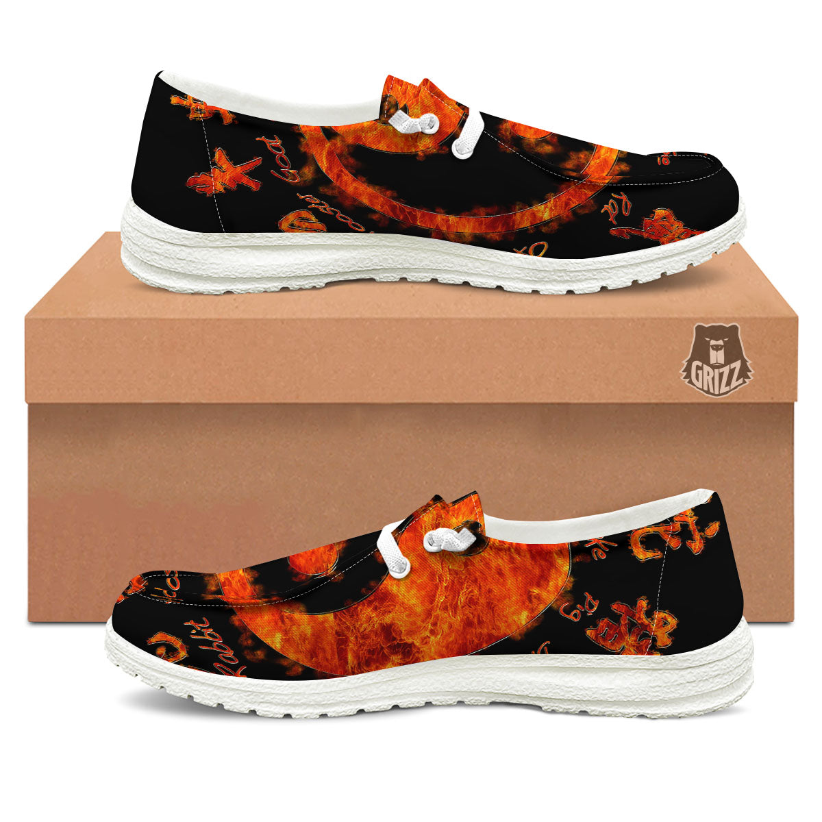 Chinese Zodiac Fire Yin Yang Print White Loafers-grizzshop