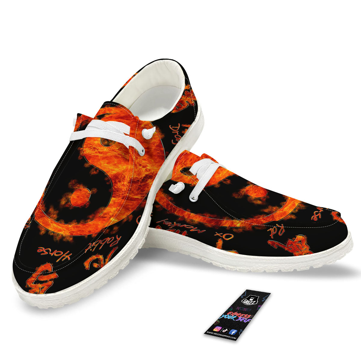Chinese Zodiac Fire Yin Yang Print White Loafers-grizzshop