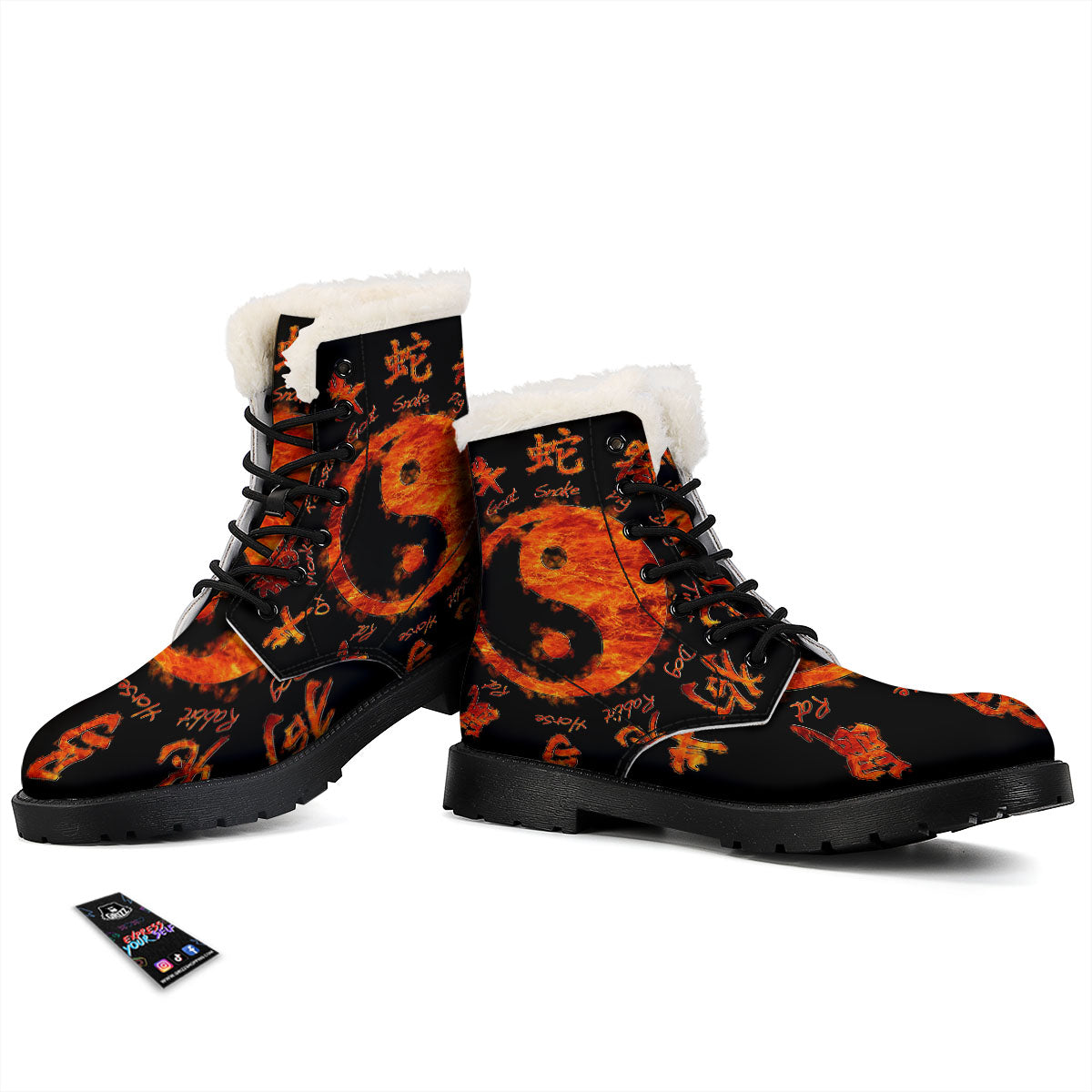 Chinese Zodiac Fire Yin Yang Print Winter Boots-grizzshop