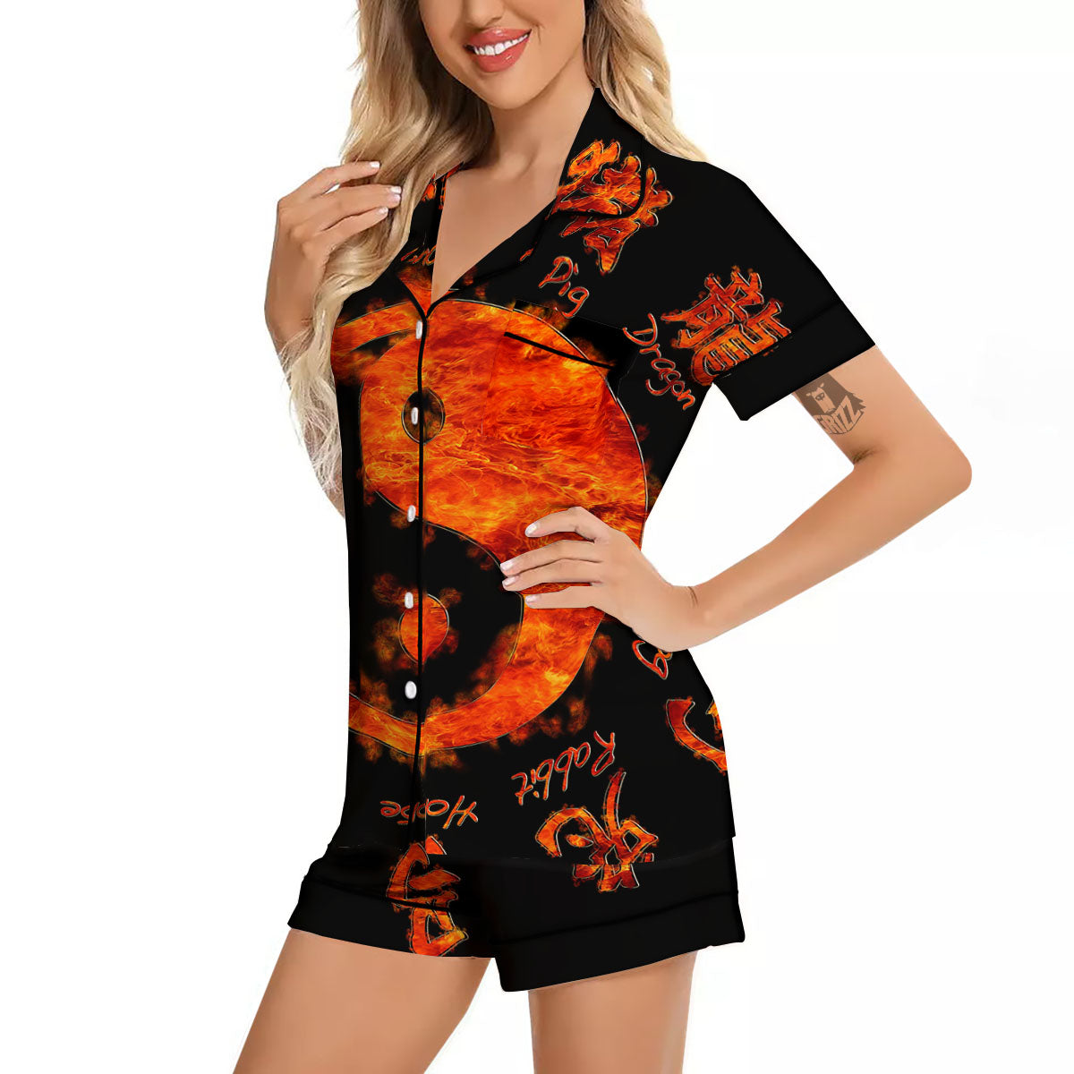 Chinese Zodiac Fire Yin Yang Print Women Silk Pajamas-grizzshop