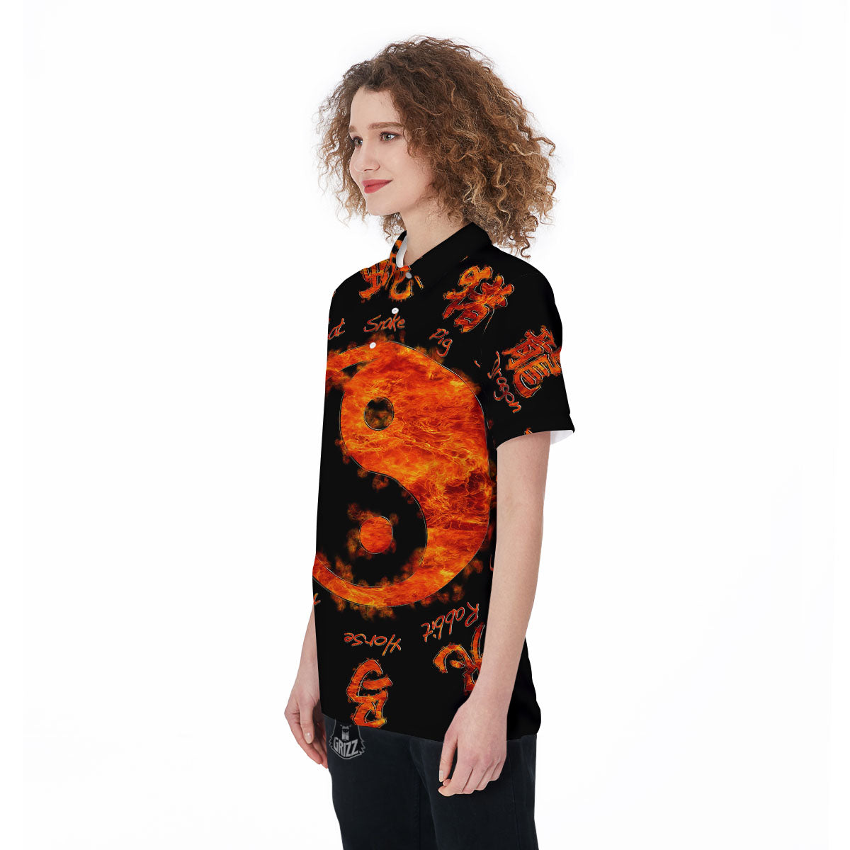 Chinese Zodiac Fire Yin Yang Print Women's Golf Shirts-grizzshop