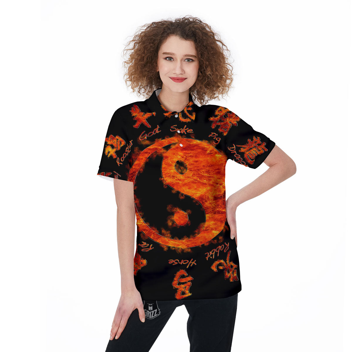 Chinese Zodiac Fire Yin Yang Print Women's Golf Shirts-grizzshop