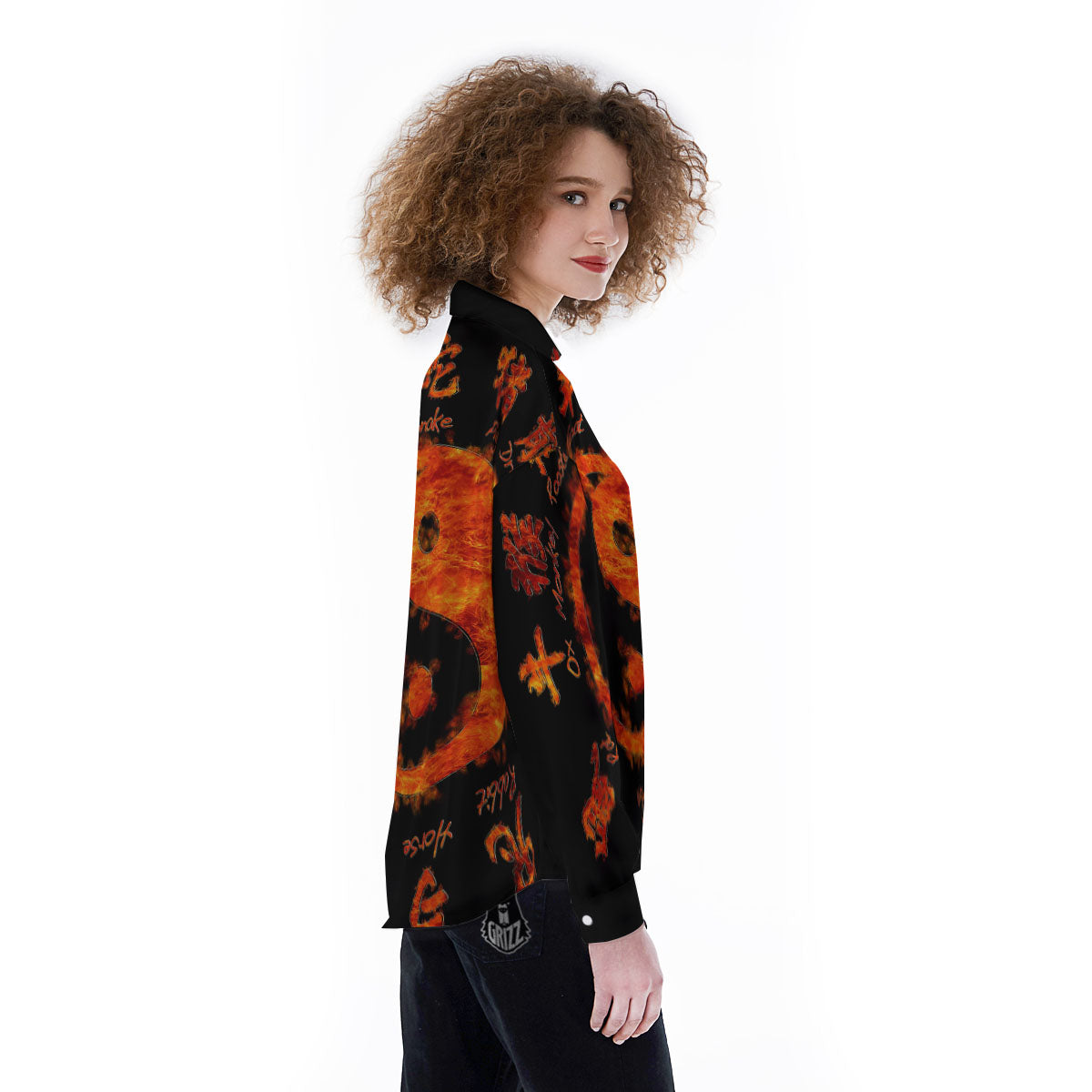 Chinese Zodiac Fire Yin Yang Print Women's Long Sleeve Shirts-grizzshop