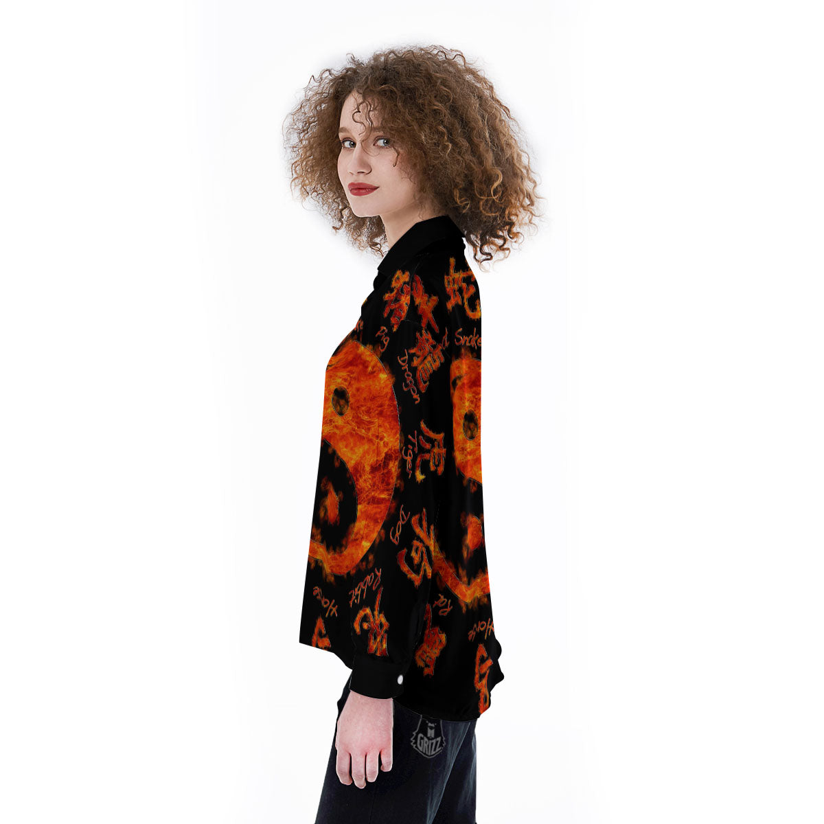 Chinese Zodiac Fire Yin Yang Print Women's Long Sleeve Shirts-grizzshop