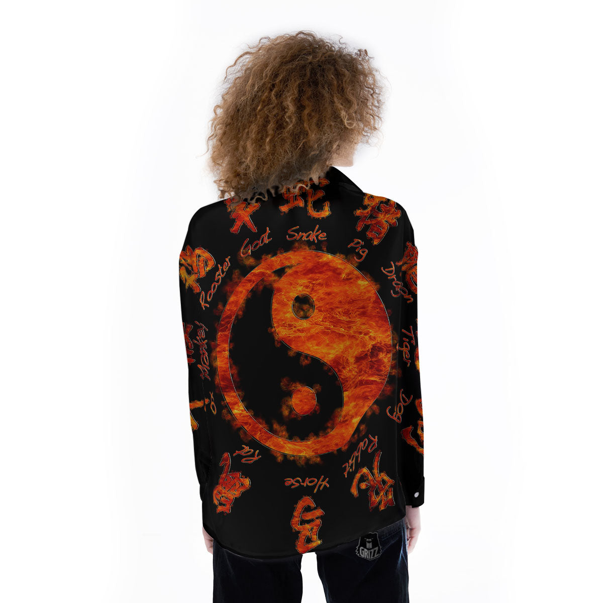Chinese Zodiac Fire Yin Yang Print Women's Long Sleeve Shirts-grizzshop