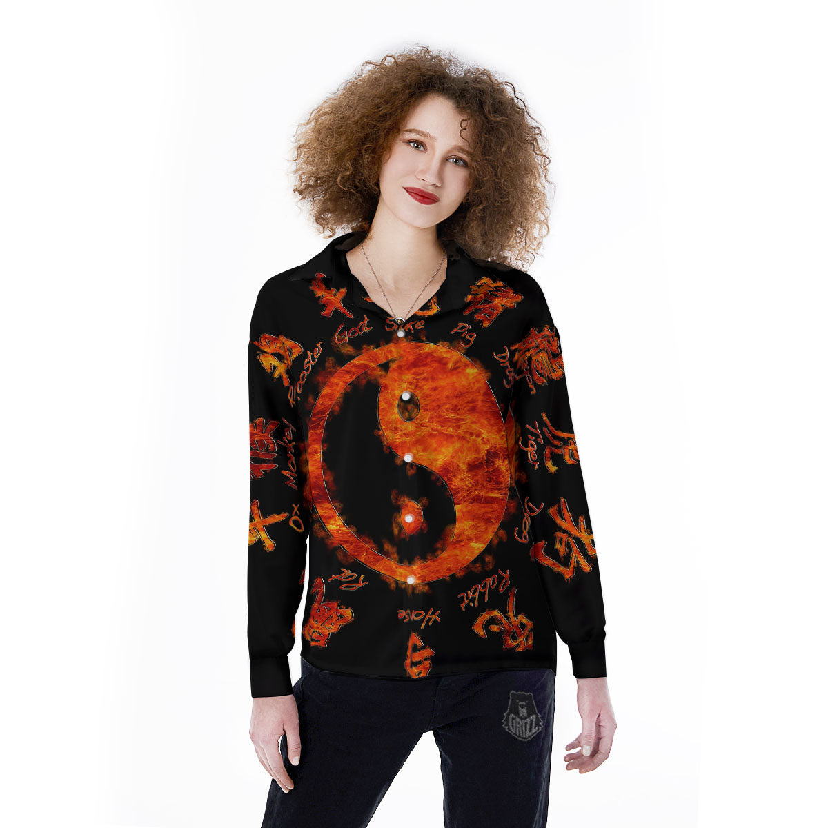 Chinese Zodiac Fire Yin Yang Print Women's Long Sleeve Shirts-grizzshop