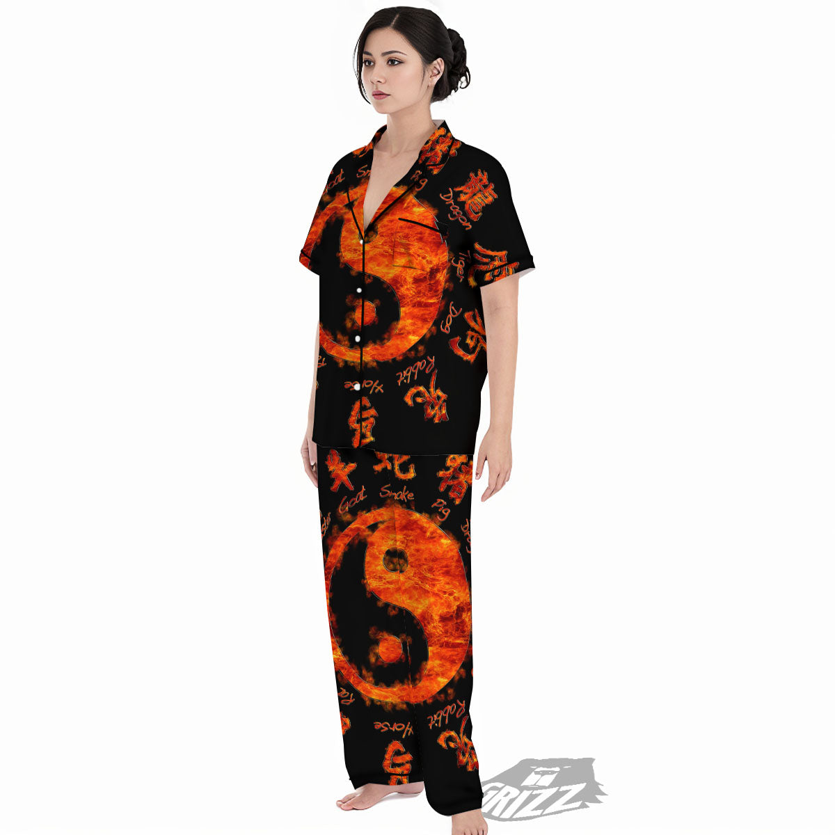 Chinese Zodiac Fire Yin Yang Print Women's Pajamas Set-grizzshop
