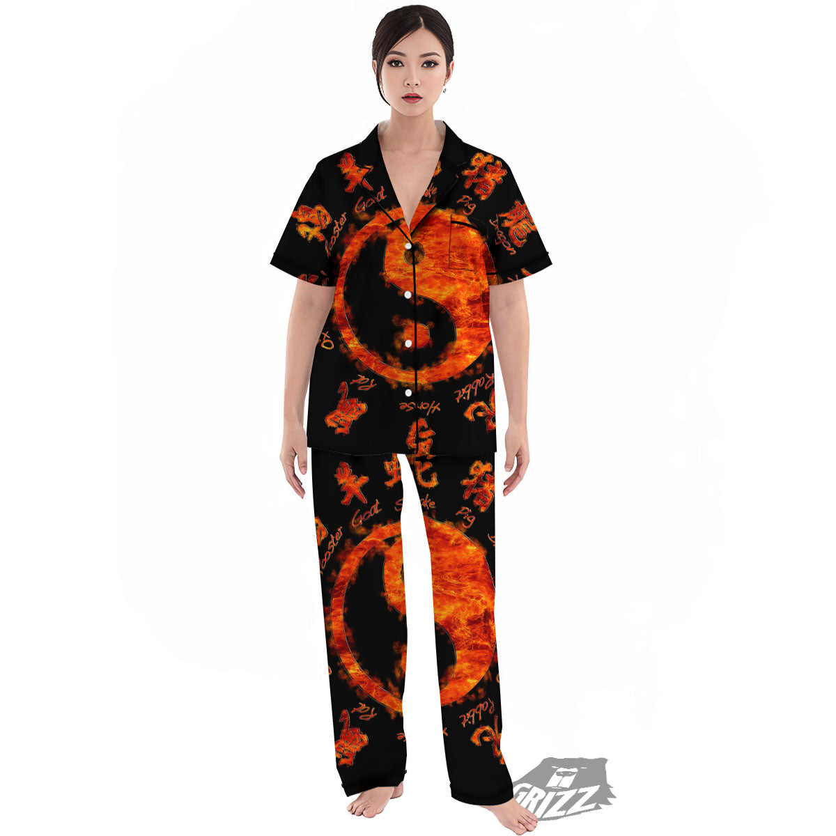 Chinese Zodiac Fire Yin Yang Print Women's Pajamas Set-grizzshop