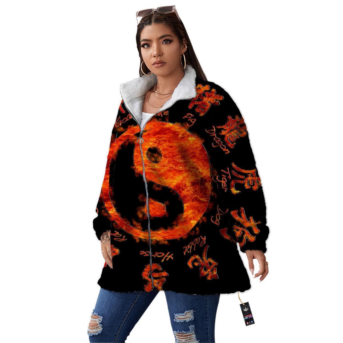 Chinese Zodiac Fire Yin Yang Print Women's Sherpa Jacket-grizzshop
